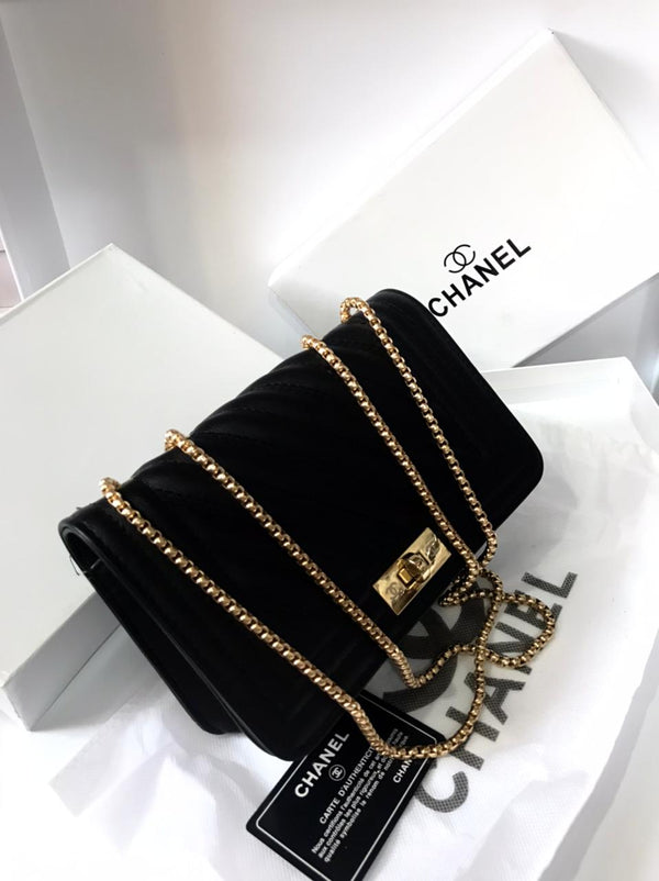 CHANEL Lambskin Chevron Quilted Boy Wallet On Chain Handbag