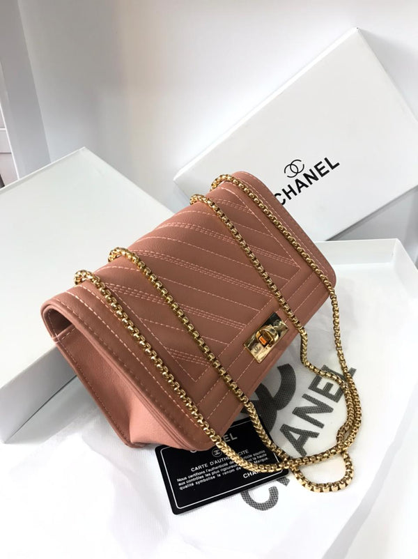 CHANEL Lambskin Chevron Quilted Boy Wallet On Chain Handbag