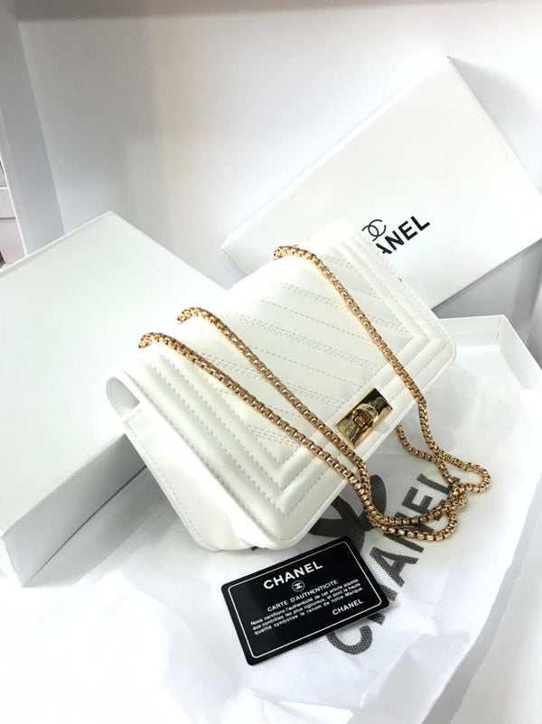 CHANEL Lambskin Chevron Quilted Boy Wallet On Chain Handbag